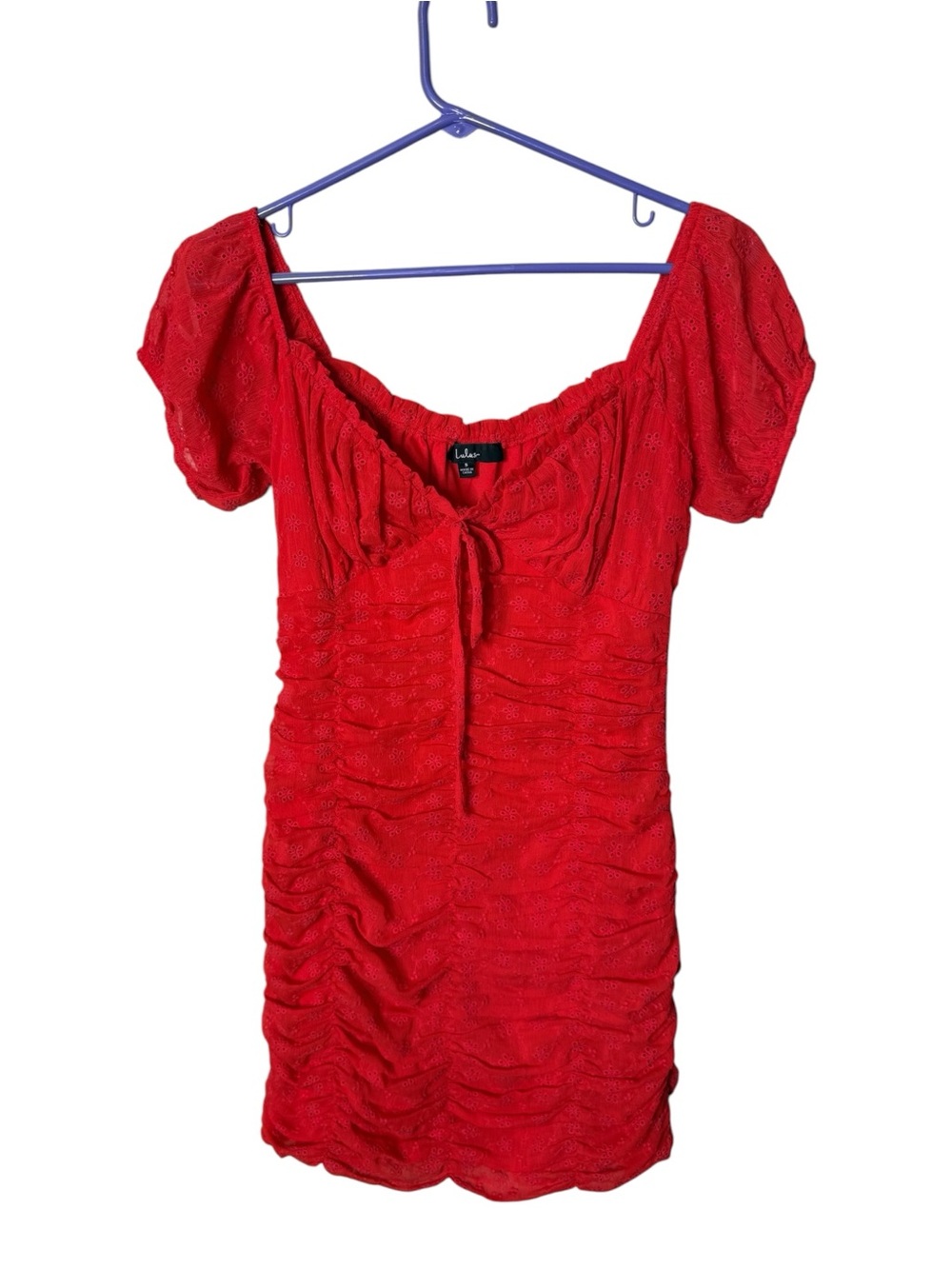 Lulus Red Size S Ruched Eyelet Mini Dress